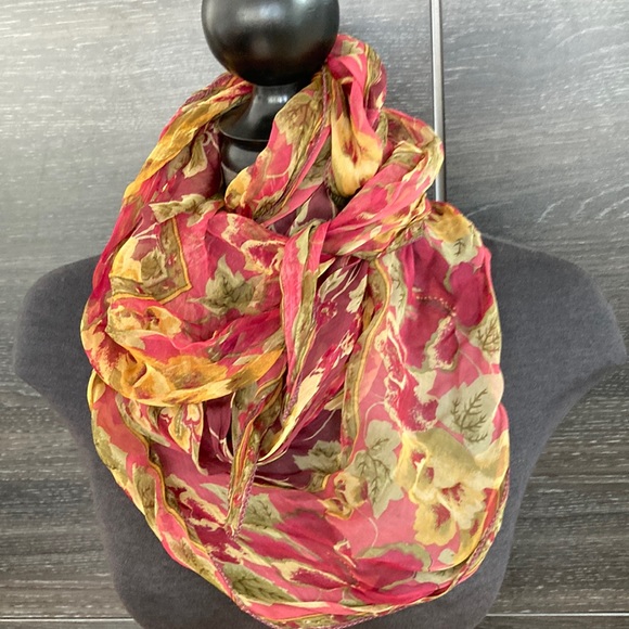 Sheer Floral Square Scarf Burgundy Green & Gold Polyester - Picture 1 of 3